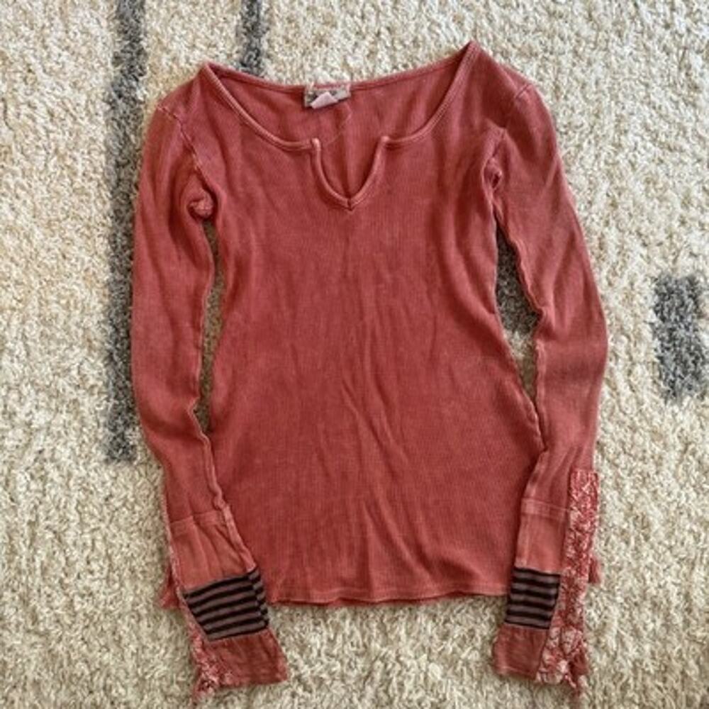 Gimmicks Kombucha Thermal Waffle Knit Shirt Patterned Cuffs Sz Small Orange Boho